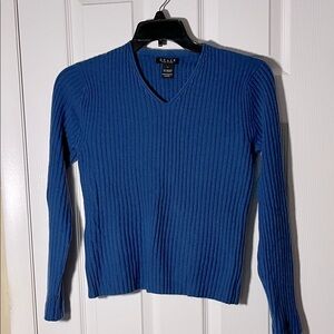 GRACE Cashmere Y2K  ribbed pullover v neck sweater long sleeve Royal blue Large